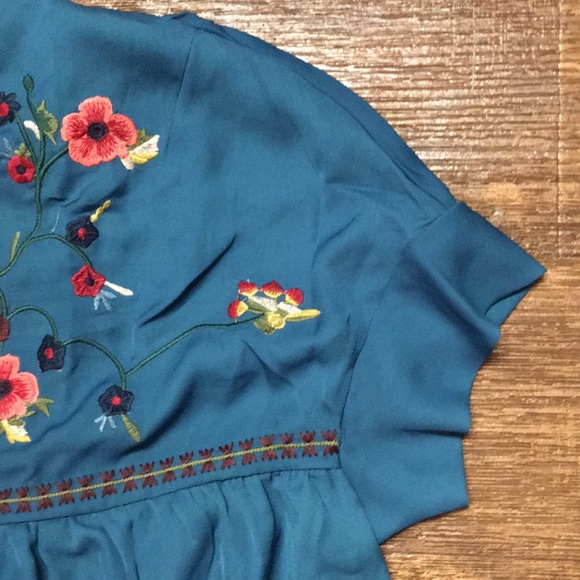 Esley Teal floral embroidered boho shift dress s - Picture 6 of 8